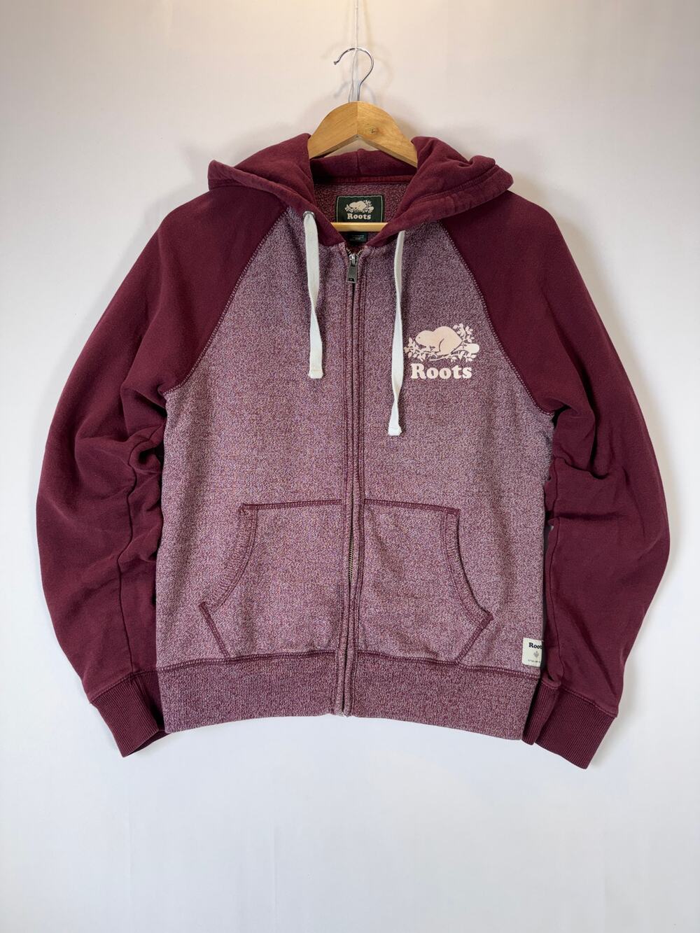 Roots Canada Burgundy Full Zip Hoodie Marled Fleece Sweatshirt Womens Medium